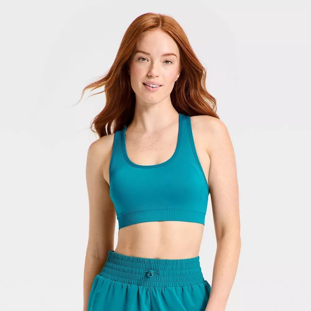 Women's Seamless Medium Support Racerback Sports Bra - All In Motion Teal Blue M